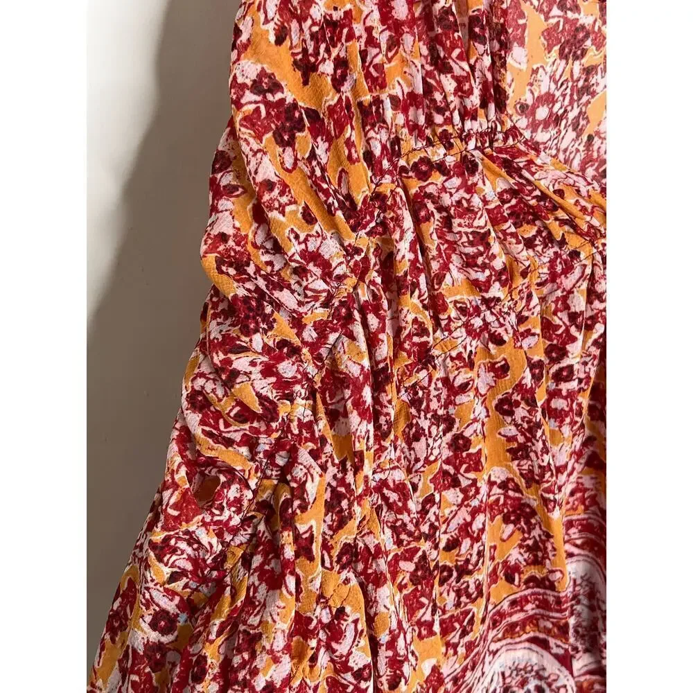Free People Lorraine Tiered Tie Front Kimono Blouse Top Red/Yellow Womens Size M